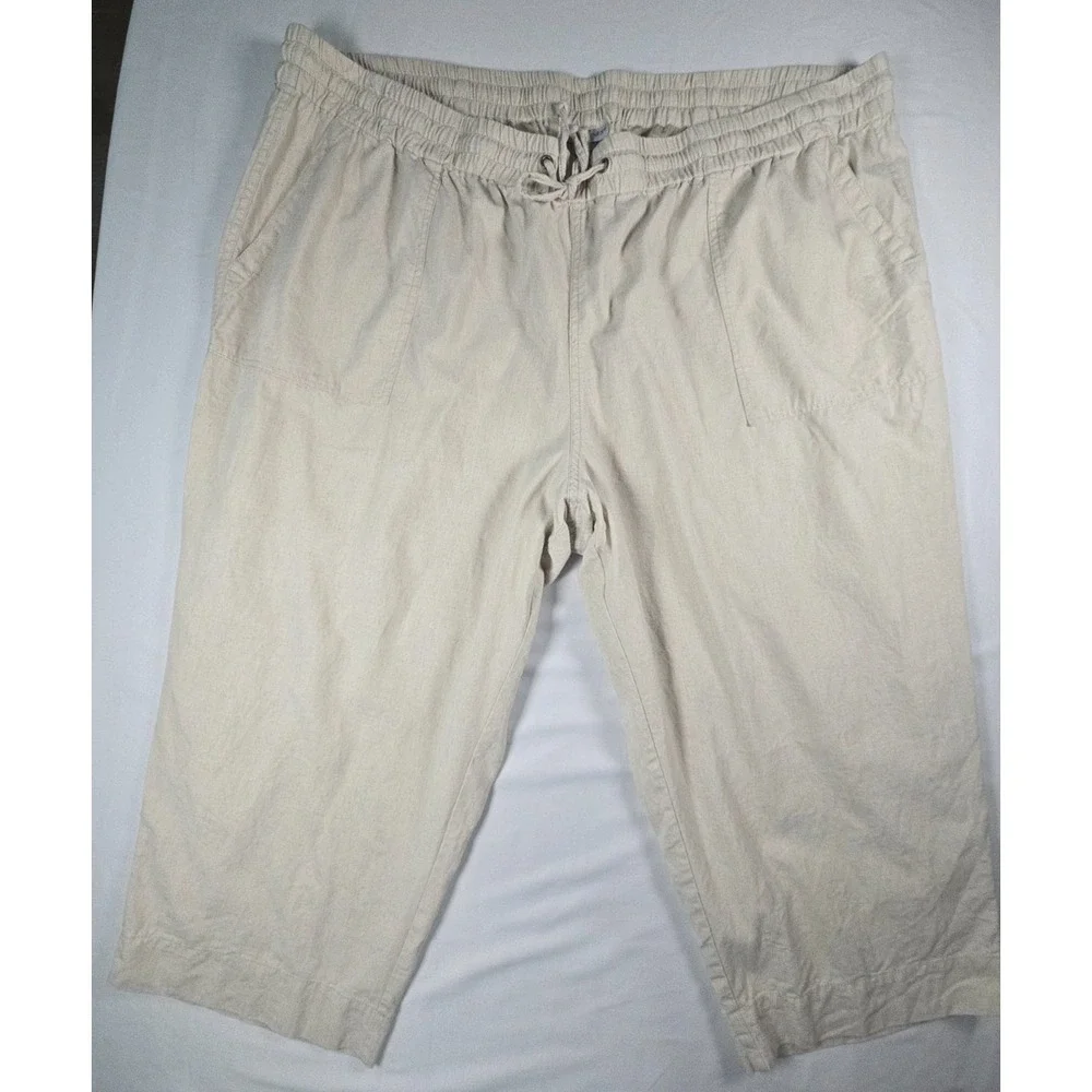 Catherines Womens 3X 26/28W Linen Blend Crop Pants Beige Pull On‎ Elastic Waist